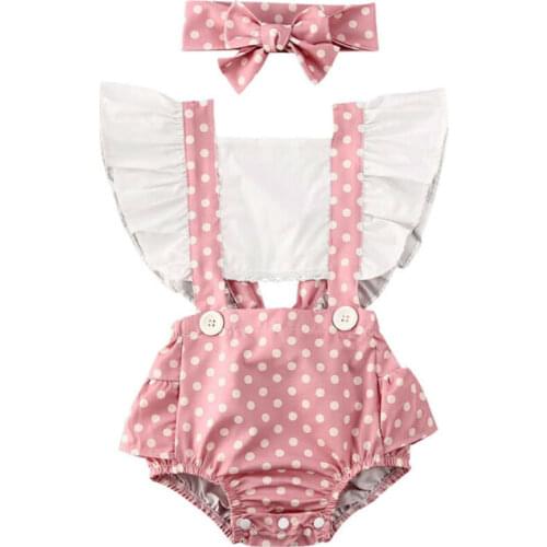 2020 Baby Summer Clothing Toddler Baby Girl Dots Ruffle Backless Playsuit Bodysuit Headband Outfits Set Patchwork Sunsuits