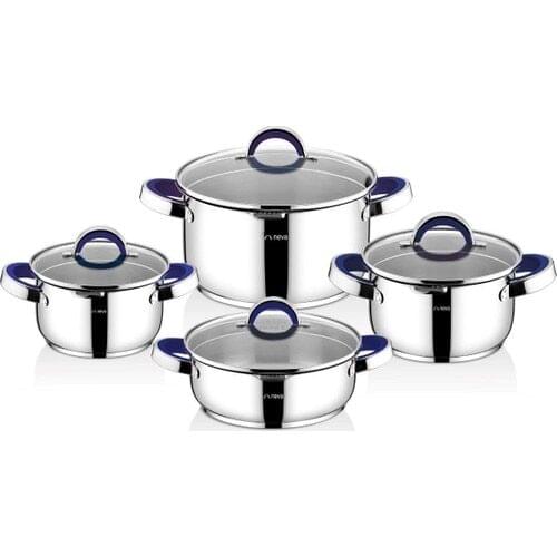 Neva N2857 Lotus Phosphorescence 8 Piece Steel Cookware Set Shiny 18/10 stainless steel Glass Lid multi-layer sandwich bottom