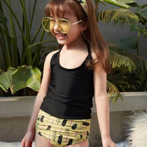 New Girls Two Piece Swimsuit Baby Black Skinny Swimwear Child Bathing Suit Halter Beachwear Infant Print Triangle Bikini 4-10Y