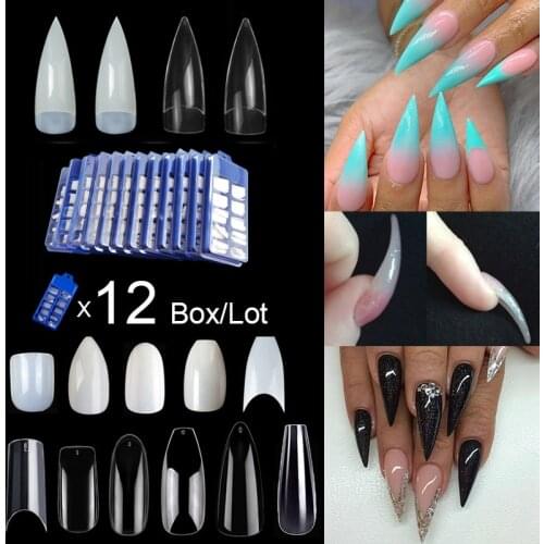 Wholesale 12 Boxes 100 Pieces Per Box 10 Size Half Long Stiletto Shape False Nail Tips Fake Long Nails Nail Acrylic Fake Nails