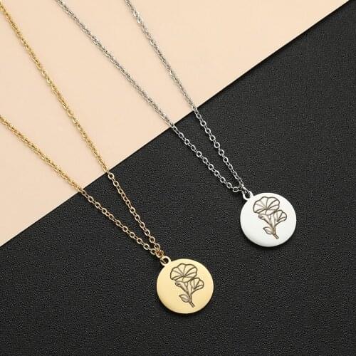 Chandle Stainless Steel Birth flower Necklace flower necklace botanical jewelry, Disc Necklace, Engraved Jewelry, birthday gift