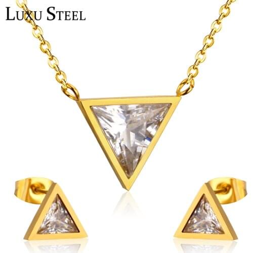 LUXUSTEEL Cubic Zirconia Bridal Jewelry Set Female Accessories Triangles Pendant Necklace Earrings Brinco Gold Color Chains