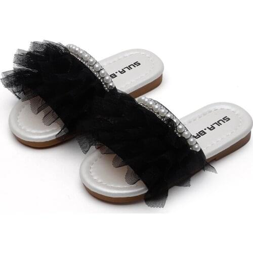 Girl Slippers Ruffle Mesh Pearl Princess Shoes Children Beach Slippers Girl Sandals Flats Soft Rubber Anti-Slippery Fashion New
