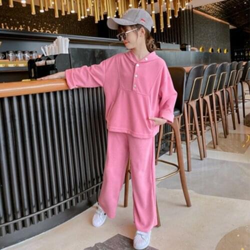 Spring Autumn Girls Solid Color Leisurewear Kids Outfit Teenage Hooded Loose Comfortable Tracksuit Children Casual Clothing Set