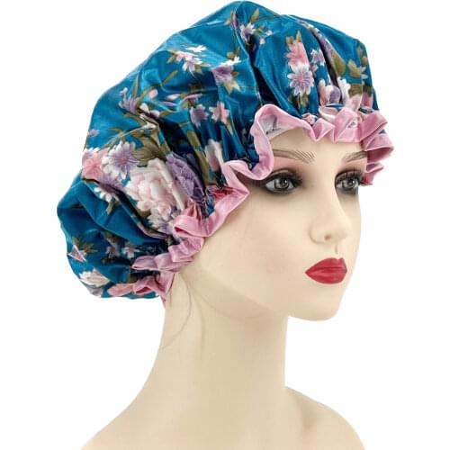 High quality polyester satin fabric double layer shower caps 15 items avaiable