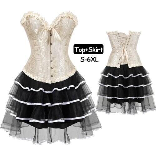 Womens Halloween Bustiers and corsets shapewear Party Masquerade Brocade Ruffles Lace Up Gothic Sexy Corset Dress Skirt Set