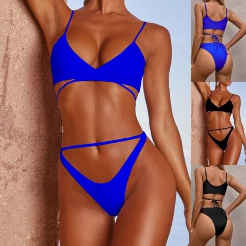 Womens Sexy Solid Color Stripe Print Swimwear Swimsuit Solid Color Bandage Sexy European And American Tight Bikini Swimsuit
