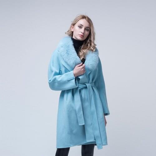 JANEFUR Fox Fur Collar Cashmere Wool Real Fur Long Coat Winter Jacket Women Outerwear