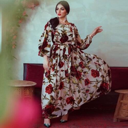 Islamic Dress Chiffon Women 2021 Summer Rose Floral Print Ruffles Dresses Dubai Abaya Turkey Muslim Dresses Islamic Clothing