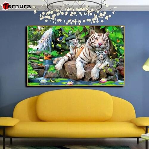 Animal white diy full square round diamond painting Lotus leaf flower DIY 5d diamond embroidery crystal Tiger mother child decor