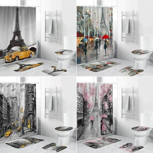 180*180cm Impression Painting Paris Tower Shower Curtain Fabric Bathroom Curtains Non-Slip Rugs Toilet Lid Cover Mat Carpet