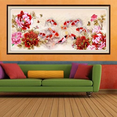5D Diamond Painting Fish Peony Cross Stitch Set Full Square Round Drill Embroidery Scenery Picture of Rhinestone Home Art Decor