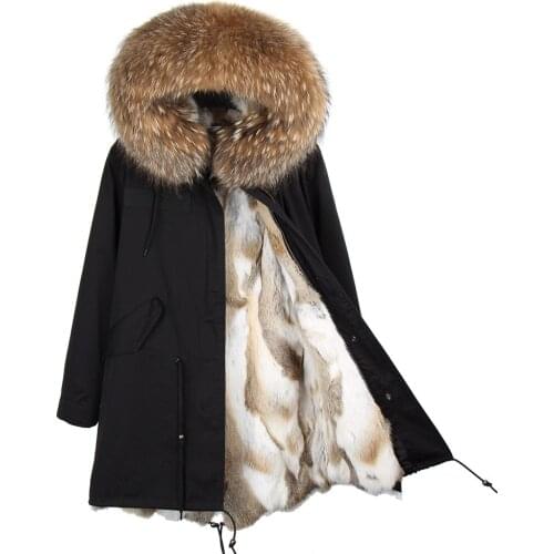 7XL Real Fur Coat Women Winter Long Parka Natural Rabbit Fur Lining Big Raccoon Fur Collar Hooded Jacket Coat Detachable