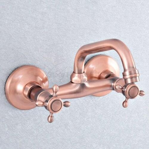 Antique Red Copper Brass Bathroom Kitchen Sink Faucet Mixer Tap Swivel Spout Wall Mounted Double Handles tsf865