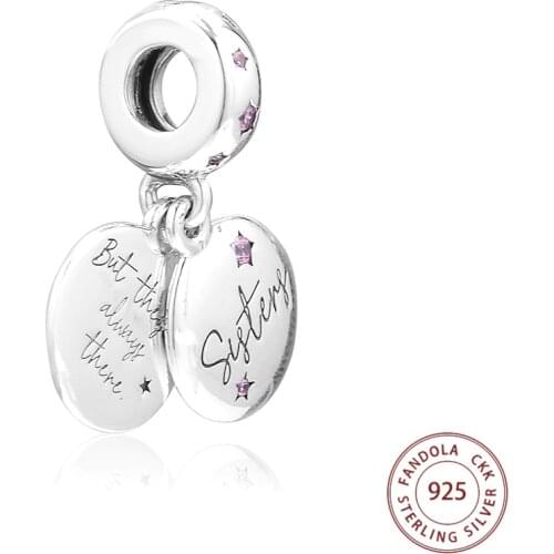 Forever Sisters Dangle Charm 925 Sterling Silver Pink CZ Beads for Women Fits Pandora Charms Bracelet DIY Jewelry Making Bijoux