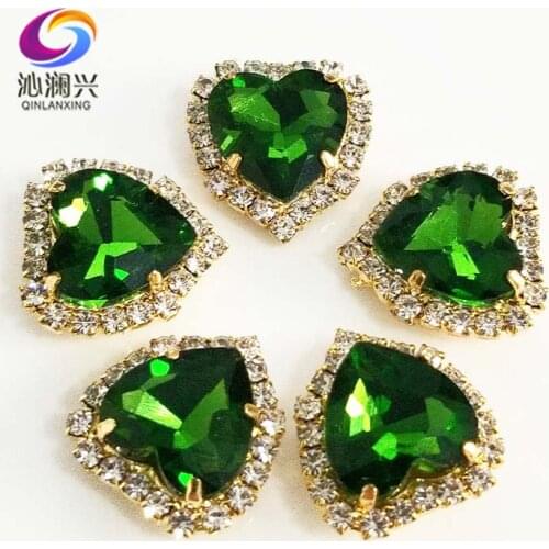 Free shipping Gold bottom Grass green heart shape Crystal glass buckle,sew on rhinestones for Diy/jewelry accessories SWHK16