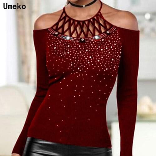 Plus Size Spring Autumn Halter Sequins Off The Shoulder Tee Top Diamond Strapless Solid Color Long Sleeve T-shirt Tshirt Clothes