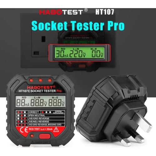 HT107D Smart Socket Outlet Tester EU Plug AC Voltage Test RCD 30mA Polarity Phase Check Circuit Break Finder Bicolor Backlight