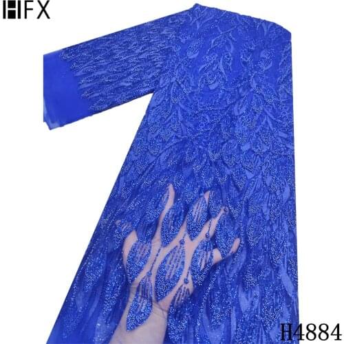 HFX Sequin Beaded Embroidered Mesh Fabric Royal Blue African Lace Fabric 2021 French Tulle Lace Fabrics For Wedding Bridal Dress