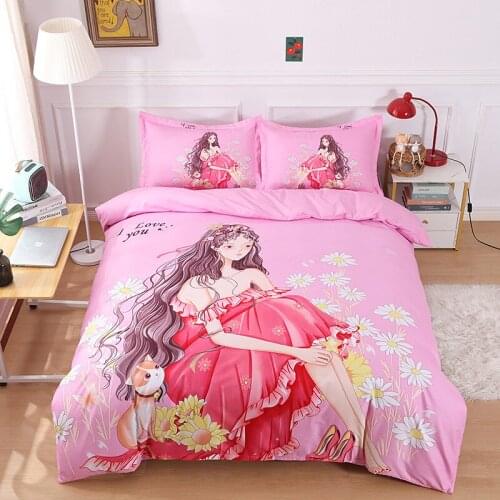 Bedding Set Pink 3/4 Pieces with Zipper Closure Pillow Shams Cute Cartoon Girl Bedroom Duvet Cover Bed Sheet Set Twin Size