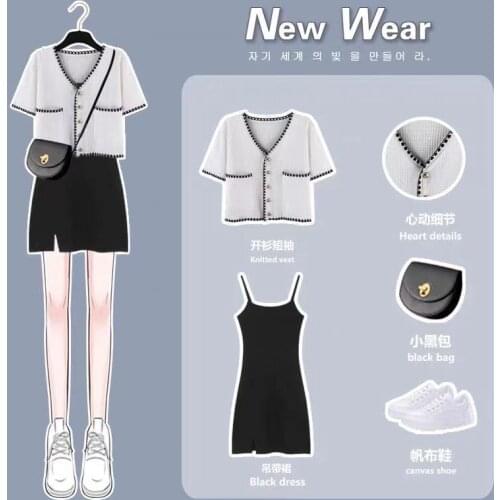 Suit Plus Size Womens 2021 Summer New Small Fragrance Knitted Cardigan + Black Split Skirt Two-piece Suit