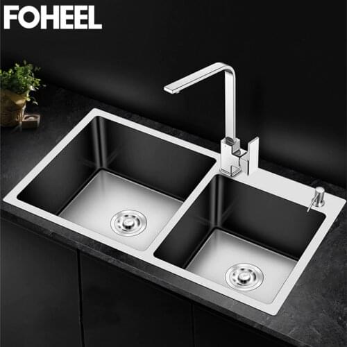 FOHEEL Kitchen Sink Double Bowl Above Counter Or Undermount Handmade Brushed Stainless Steel Kitchen Sinks Wastafel FKS02
