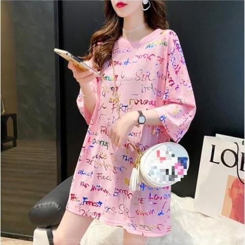 2021 Summer New Style Glittering Tee Shirt Femme Shirt Short Sleeve Loose Funny T Shirts Women Letter Print Korean Clothes Tops