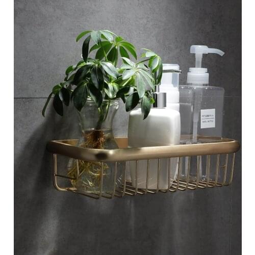 Brushed Gold Bathroom Shelf Brass Shower Holder Rack Wall-Mounted Shower Basket Bathroom Hardware