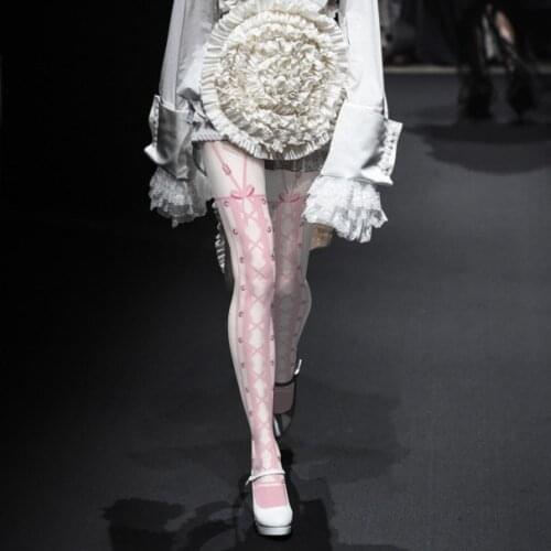 Lolita Sweet Pink Lace-up Patterned Footed Tights Opaque Pantyhose