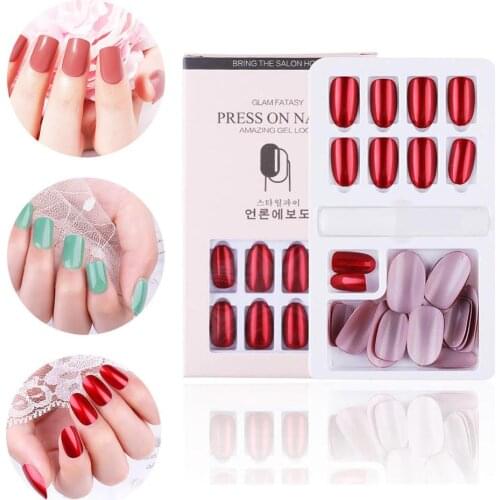 False Nail with glue Women Nail Art Decorations 24Pcs Fake Nails Solid Color Full Cover stiletto Long Nail Tips