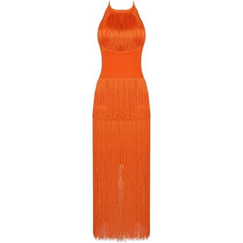 2021 New Bodycon Halter Bandage Dress Womens Summer Long Dresses Tassel Sexy Backless Elegant Celebrity Club Party Clothes