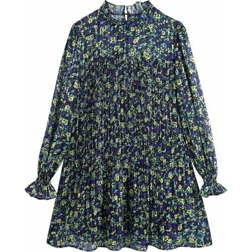 New Pop Women Chiffon Dress Printed Pleated Short Mini dress Long Sleeves Chic Lady elegant Vintage Casual Woman Dresses