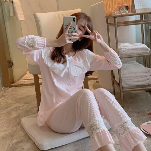 2020 Autumn Sweet Princess Long Sleeve 100% Cotton Pajama Sets Women Cute Lace Sleepwear Suit Homewear Pijama Mujer Home Clothes