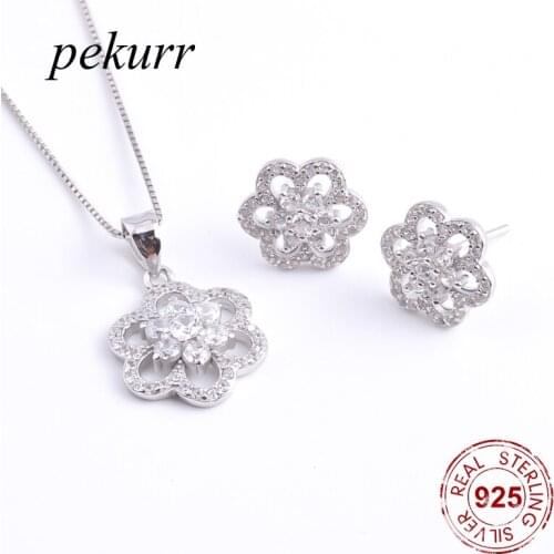 Pekurr 925 Sterling Silver Hollow Clove Flower Earrings Necklace Sets For Women Luxurious Paved Zircon Pendants Jewelry