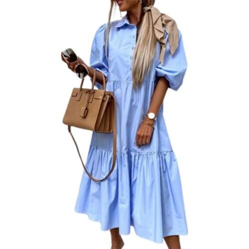 Платье 2021 Women Shirt Dress Solid Color Large Hem Cotton Blend Half Sleeve Turn Down Collar Streetwear for Spring/Summer
