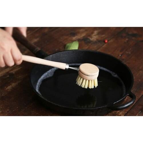 New 50pcs/lot Natural Wooden Long Handle Pan Pot Brush Dish Bowl Washing Cleaning Brush Household Kitchen Cleaning Tools