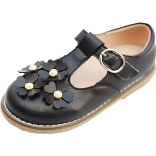 School Shoes for Girls Leather Print Floral Student Sandals Dress Shoes Black Beige T Strap Party Anti-Slippery Spring Autumn