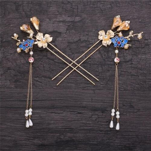 Chinese style blue hand-made hairpin antique hair sticks brides hair ornaments
