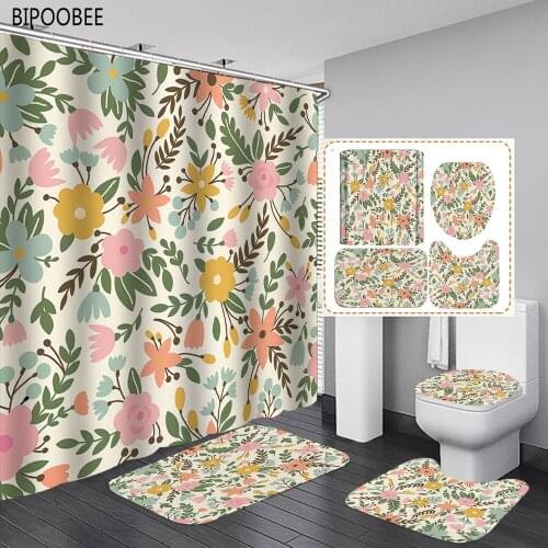 Colored Flowers Fabric Shower Curtains for Bathroom Curtain Set with Hooks Pedestal Toilet Cover Non-slip Rug Bath Mats Rugs