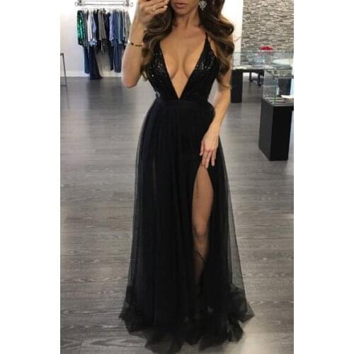 Spring And Summer 2021 Sexy V-Collar Dew-Back Suspender Net Yarn Stitching Sequined Chiffon Dress Evening Ceremony Dresses