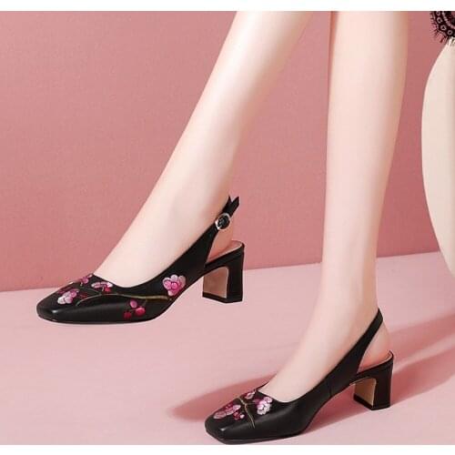 Womens Pointy Toe Embroidery Floral Slingbacks Kitten High Heel Pumps Sandals Shoes Real Leather Plus Size New 2021