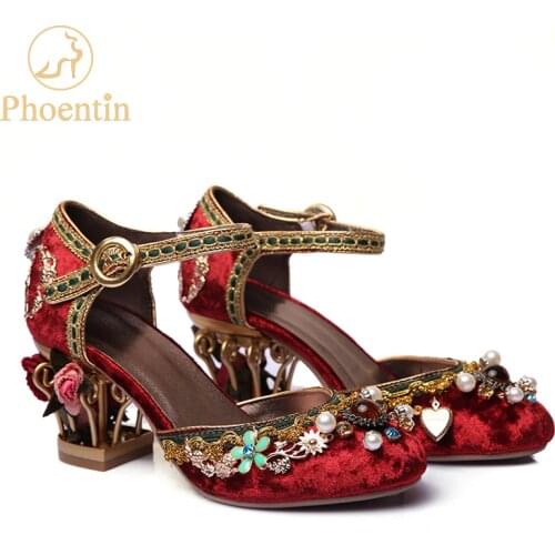 Phoentin velvet ankle strap Chinese wedding shoes women crystal buckle pearl rhinestone flower decoration mary jane shoe FT267