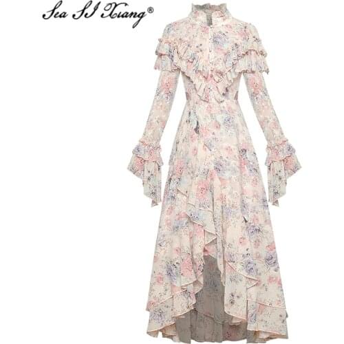 Seasixiang Fashion Designer Summer Dress Women Flare Sleeve Ruffles Hollow Out Embroidery Flower Print Asymmetrical Dresses