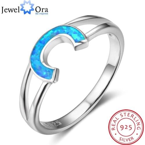 Female Letter C Design Blue Opal Stone Ring Women Authentic 925 Sterling Silver Trendy Jewelry Gift For Mom (JewelOra RI102840)