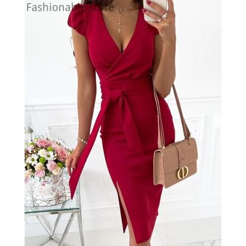 Women Solid Color V-Neck Puff Sleeve Skinny Waist Hem Slit Work Dress With Sashes