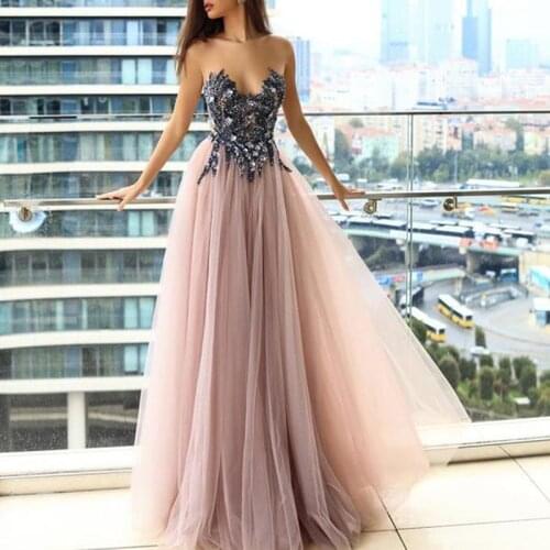 High Quality Elegant Prom Dress Long A-Line Tulle Back See Thru Appliques Crystals Sleeveless Women Formal Evening Party Gowns
