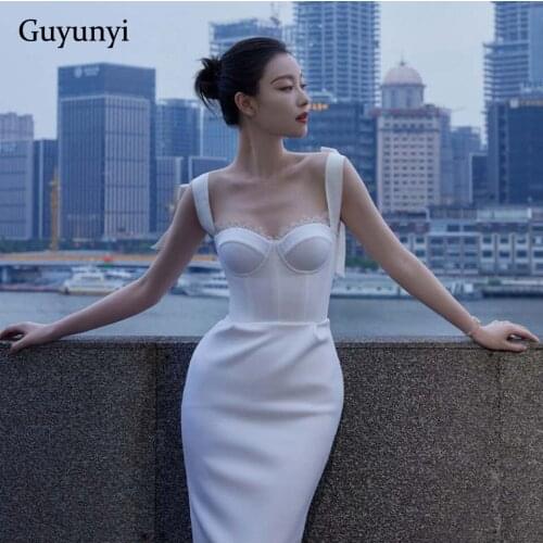 Elegant Party Dress 2021 Summer White Sexy Sling Bow Strap Strapless Shoulder Strapless Back High Waist Tight Dress Women