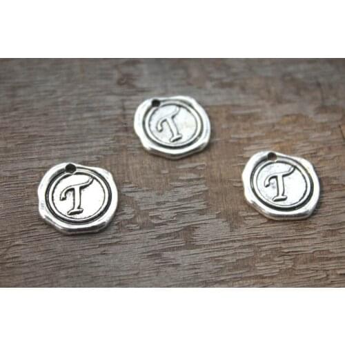 15pcs-Letter T Alphabet Charms, Antique Tibetan Silver Tone Alphabet Letter T Charm Pendant 18x18mm