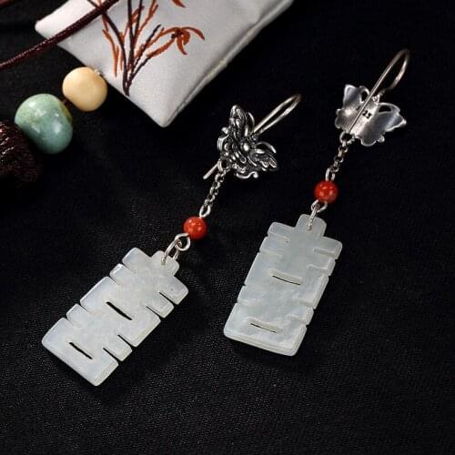 2018 Sale Brinco Inlay Hetian Jade Double Happiness Butterfly Restoring Ancient Ways Ms High-grade Pendant Earrings Wholesale