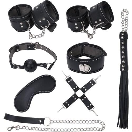 8PCS PU Leather BDSM Bondage Restraints Set Kit Ankle Hand Cuffs Whip Blindfold Gag Neck Collar Leash Erotic Sex Toys Adult Game